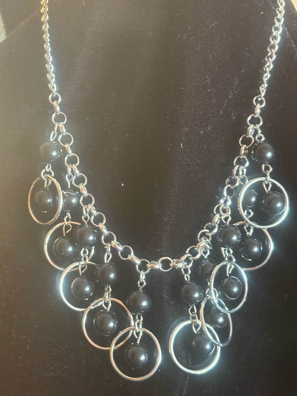 Silver Hoop and Black Bead Statement Necklace